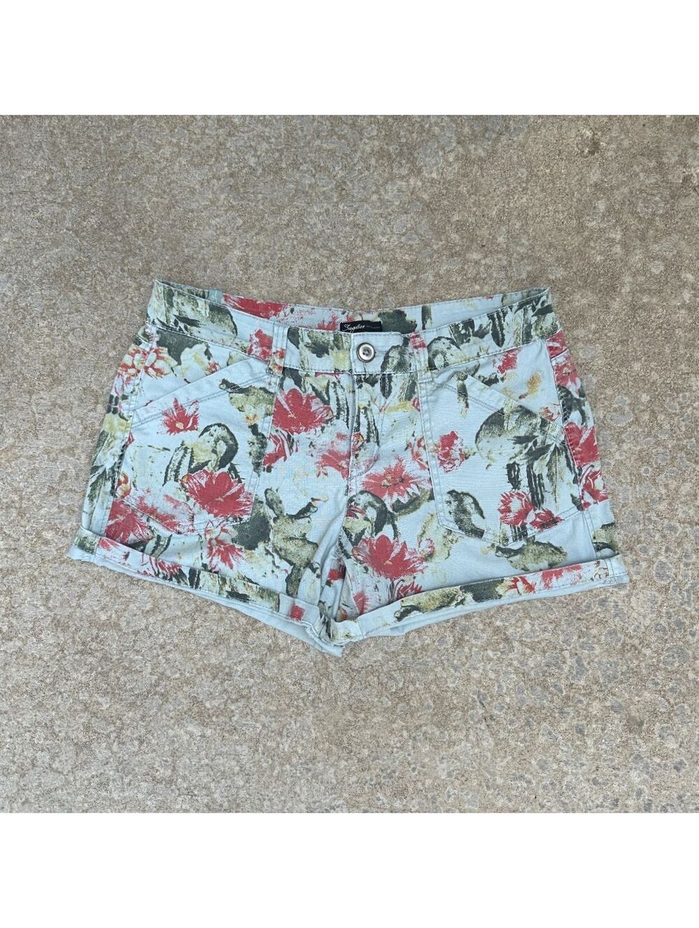 Y2K Supplies Womens 12 Floral Denim Shorts Low Rise Cuffed Stretch 2000s